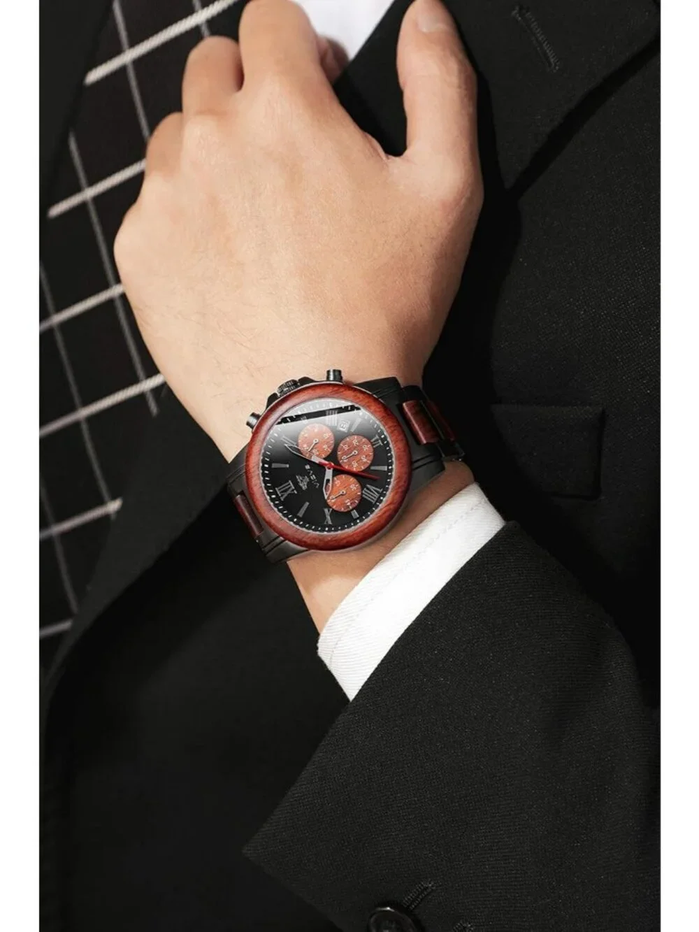 Men's Black Red Stainless Steel Chronograph Solid Multifunctional Wooden Watch